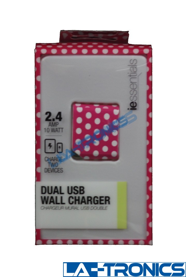 IEssentials Dual Device USB 2.4A 10W Wall Charger Pink Dots