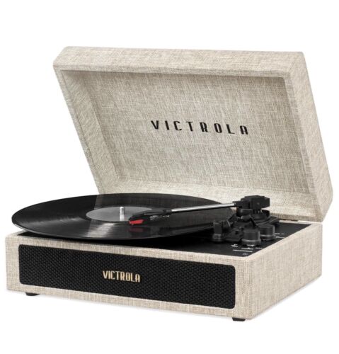 Victrola Parker Bluetooth Suitcase Record Player 3-Speed Turntable Light Beige