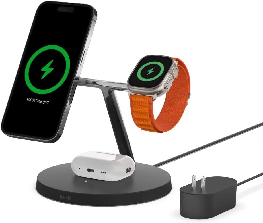 Belkin BOOSTCHARGE PRO 3-in-1 Wireless Charging Stand With MagSafe - Black