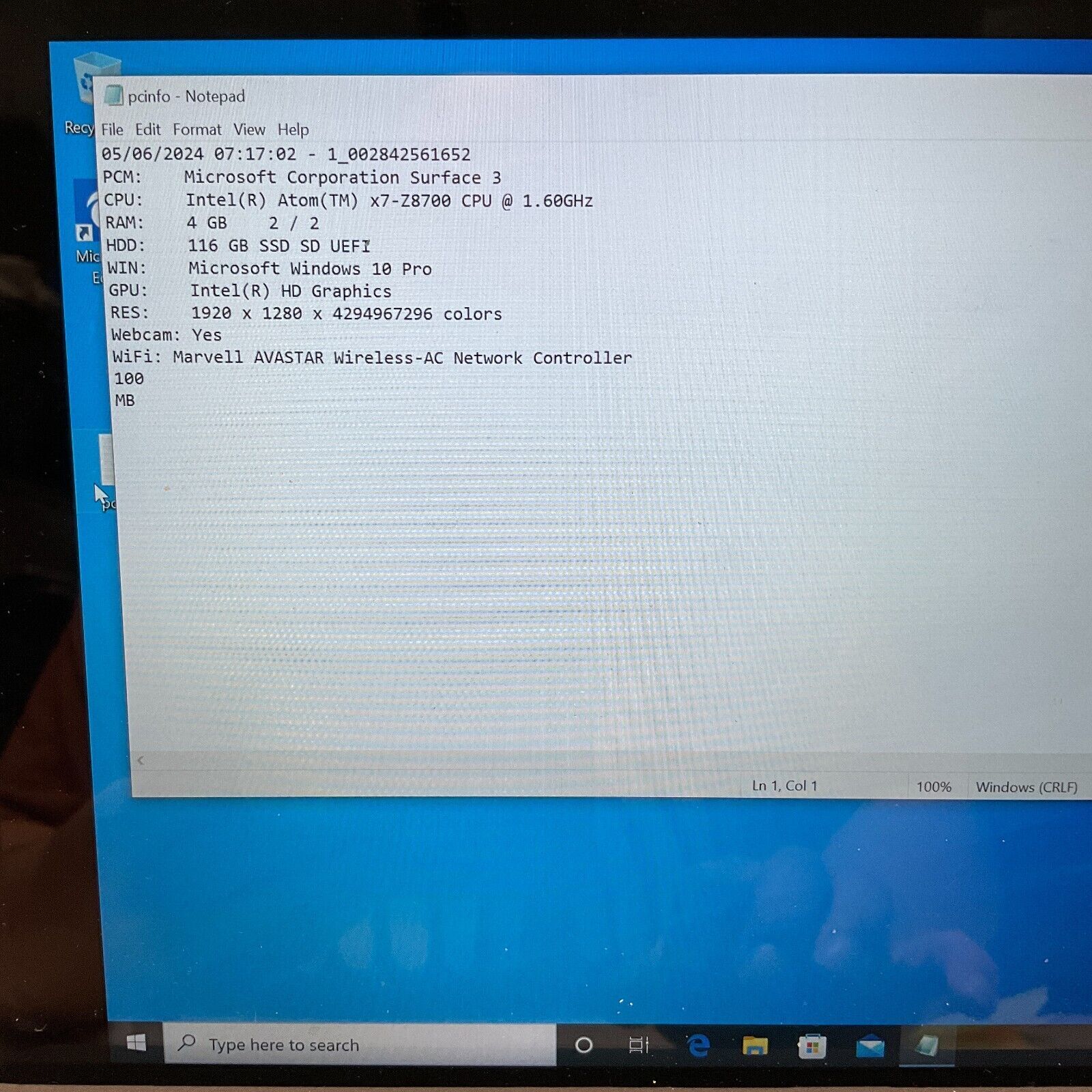 MICROSOFT SURFACE 3 INTEL ATOM X7-Z8700 2GB RAM 64GB SSD WIN 10 PRO GRADE C — photo 3