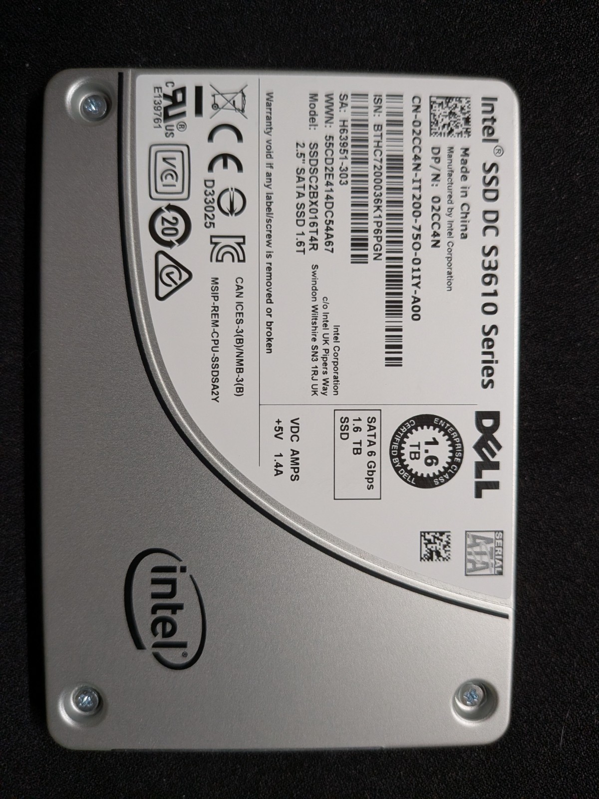 02CC4N Dell Intel DC S3610 1.6TB SATA 2.5in SSD SSDSC2BX016T4R 100% GOOD HEALTH
