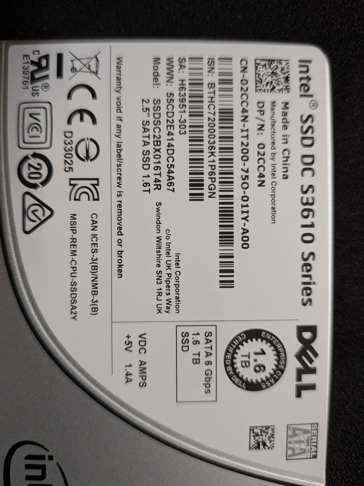 02CC4N Dell Intel DC S3610 1.6TB SATA 2.5in SSD SSDSC2BX016T4R 100% GOOD HEALTH — photo 3