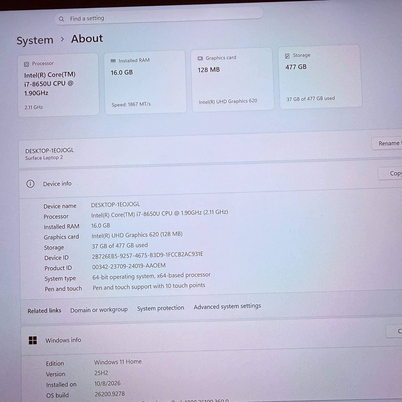 Microsoft Surface Laptop 2 1769 13.5" i7-8650U 16GB 512GB SSD Win11 — photo 2