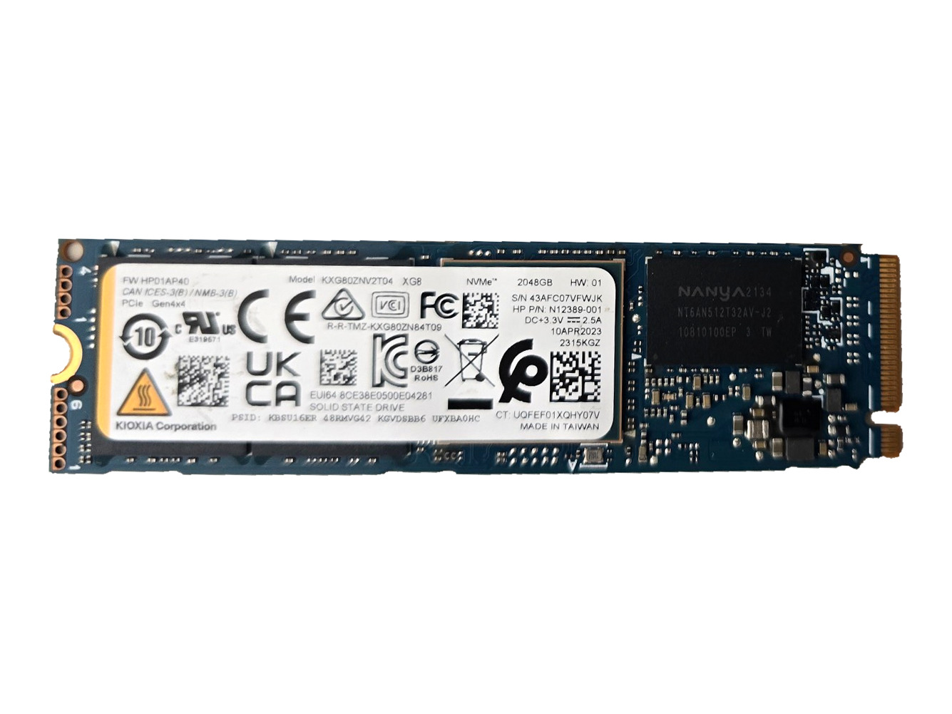 KIOXIA XG8 2TB M.2 2280 NVMe PCIe Gen4 x4 SSD KXG80ZNV2T04 HP N12389-001