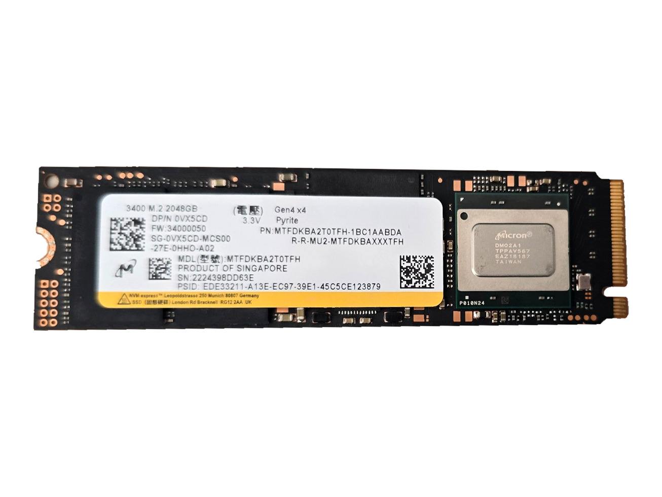 Micron 3400 2TB M.2 2280 NVMe PCIe Gen4 x4 SSD MTFDKBA2T0TFH Dell 0VX5CD
