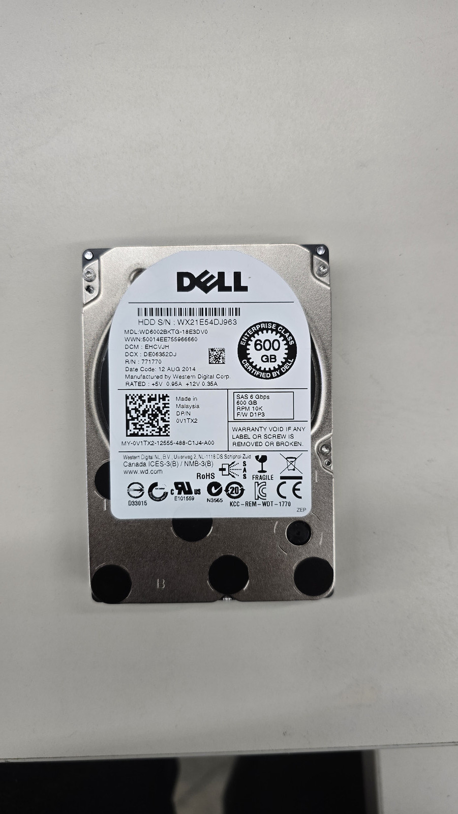 V1TX2 DELL 600GB 10K SAS 2.5" 6Gb/s HDD WD6002BKTG 0V1TX2