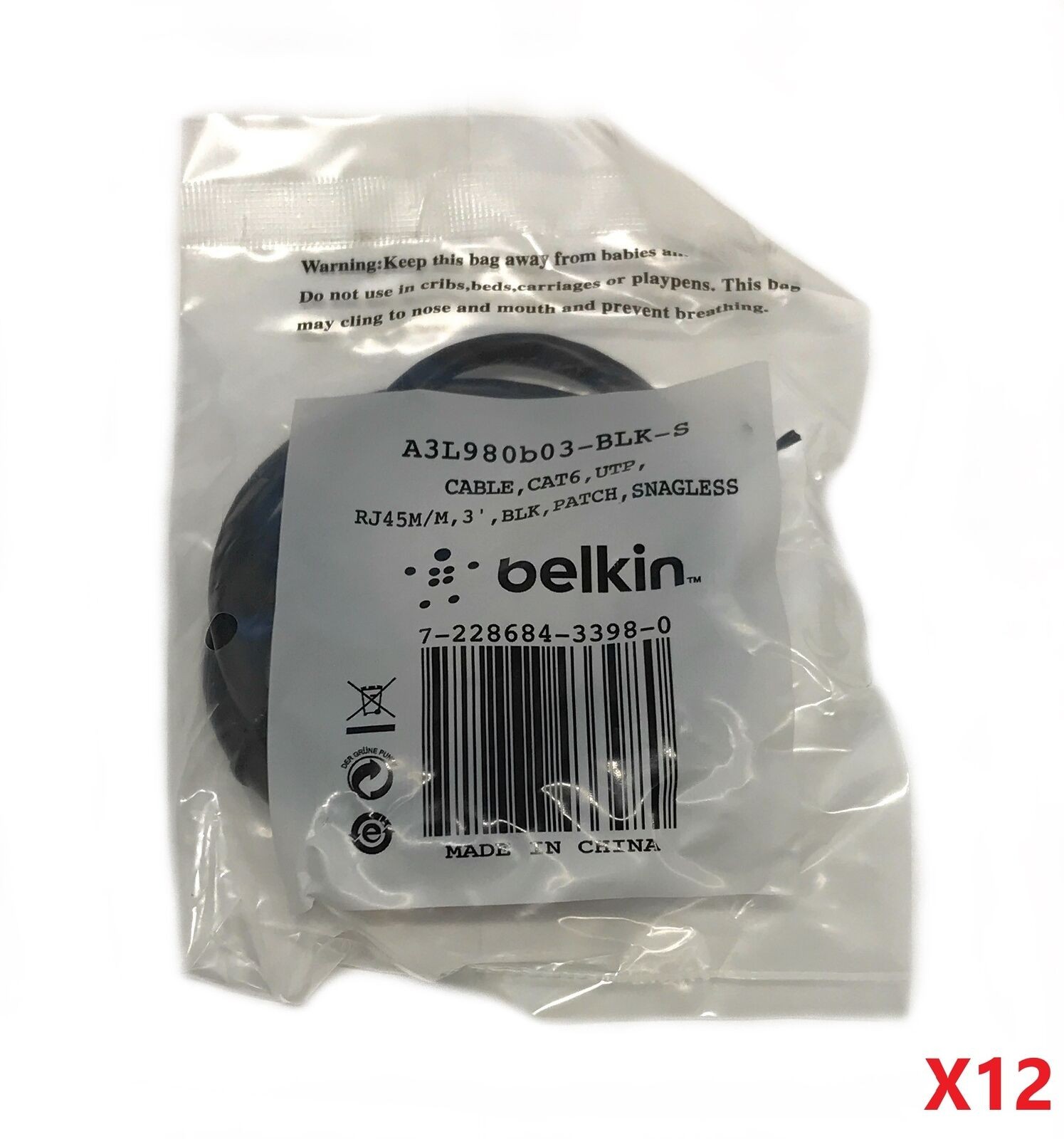 NEW Belkin A3L980B03-BLK-S CAT6 UTP Black Ethernet Cables 24AWG 3FT