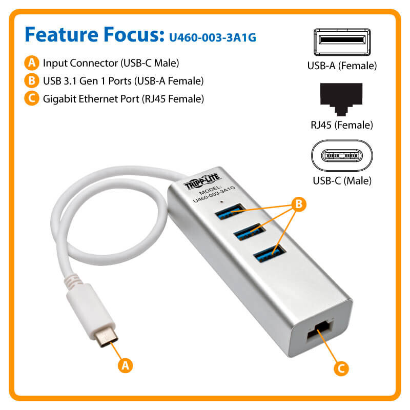 Tripp-Lite 3-Port USB 3.1 Hub With Gigabit LAN Port Silver U460-003-3A1G — photo 4